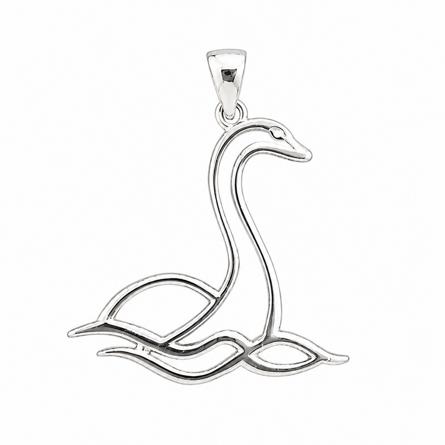 Close up of the intricate high polish mirror finish on the medium silver Scottish Nessie statement pendant by Kolié