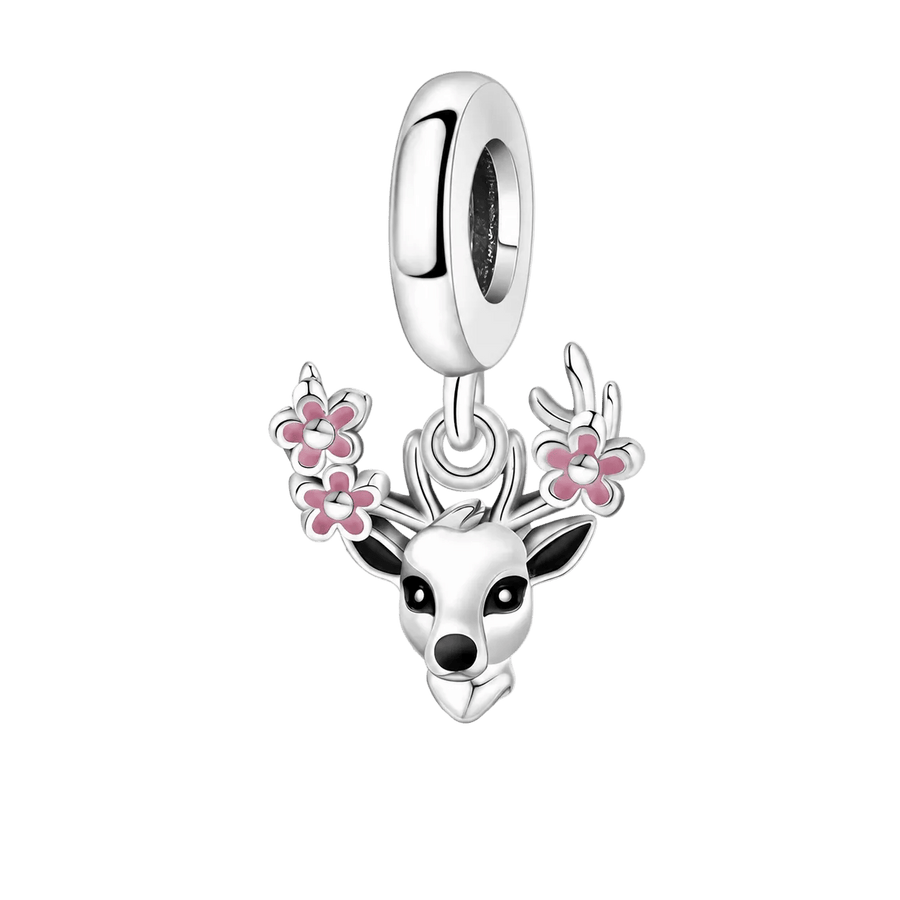 Floral Stag Deer Charm • 925 Sterling Silver & Pink Enamel • Nature Dangle - Kolié Fine Jewellery