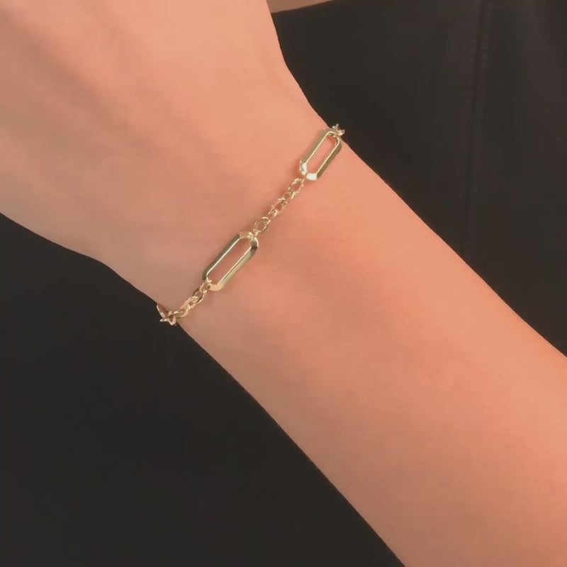 The bracelet worn on a woman's wrist, highlighting its sleek and modern design.