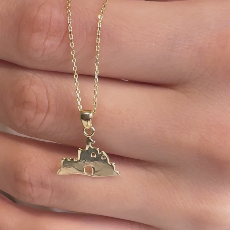 Gold Castle Pendant Necklace kept and worn by model