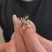 14ct Yellow Gold Stag Ring with Cubic Zirconia Antlers - Size O