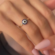 14ct Yellow Gold Dainty Enamel Round Evil Eye Ring