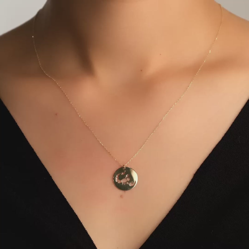 Close-up video of 14ct gold Scorpio zodiac necklace with matching chain worn by a model