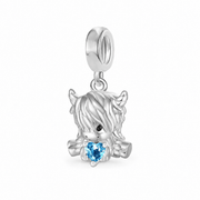 Small Scottish Highland Cow Charm • 925 Sterling Silver & Blue Heart • Coo Dangle - Kolié Fine Jewellery