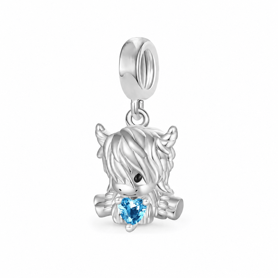 Small Scottish Highland Cow Charm • 925 Sterling Silver & Blue Heart • Coo Dangle - Kolié Fine Jewellery